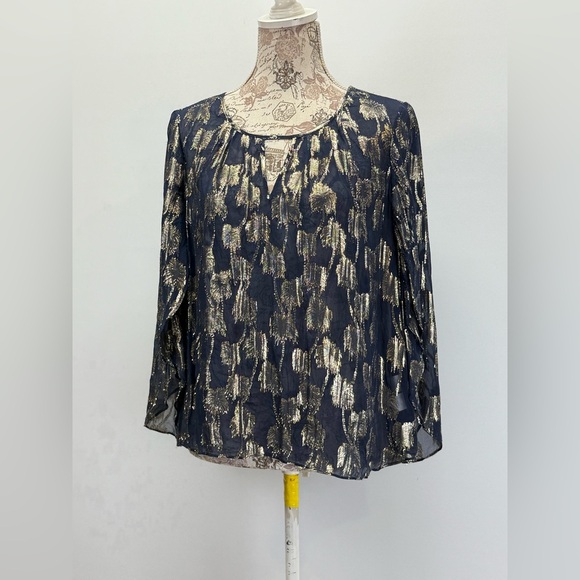 LILLY PULITZER  Sheer BECCER Silk Navy blouse with Gold palm tree design size M - Picture 7 of 16